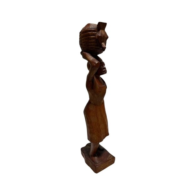 Hand-Carved Wooden African Woman Figurine with Basket Decor - Picture 4 of 10